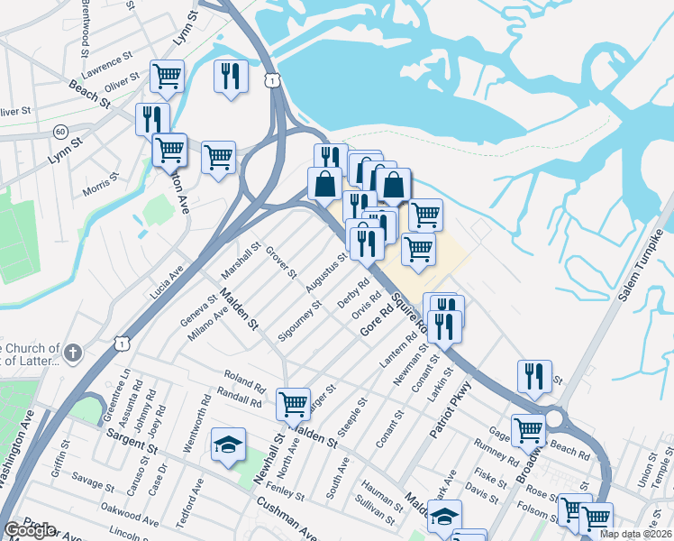 map of restaurants, bars, coffee shops, grocery stores, and more near 117 Sigourney Street in Revere