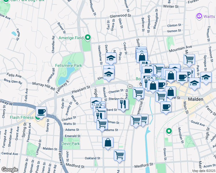 map of restaurants, bars, coffee shops, grocery stores, and more near 57 Chester Street in Malden