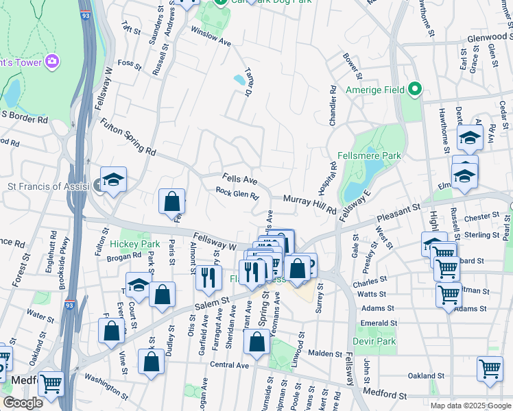 map of restaurants, bars, coffee shops, grocery stores, and more near 6 Rock Glen Circle in Medford