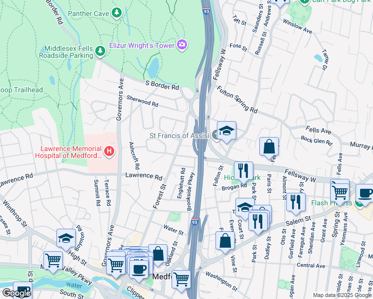 map of restaurants, bars, coffee shops, grocery stores, and more near 17 Valley Street in Medford