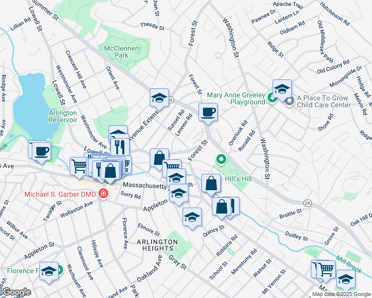 map of restaurants, bars, coffee shops, grocery stores, and more near 30 Bow Street in Arlington