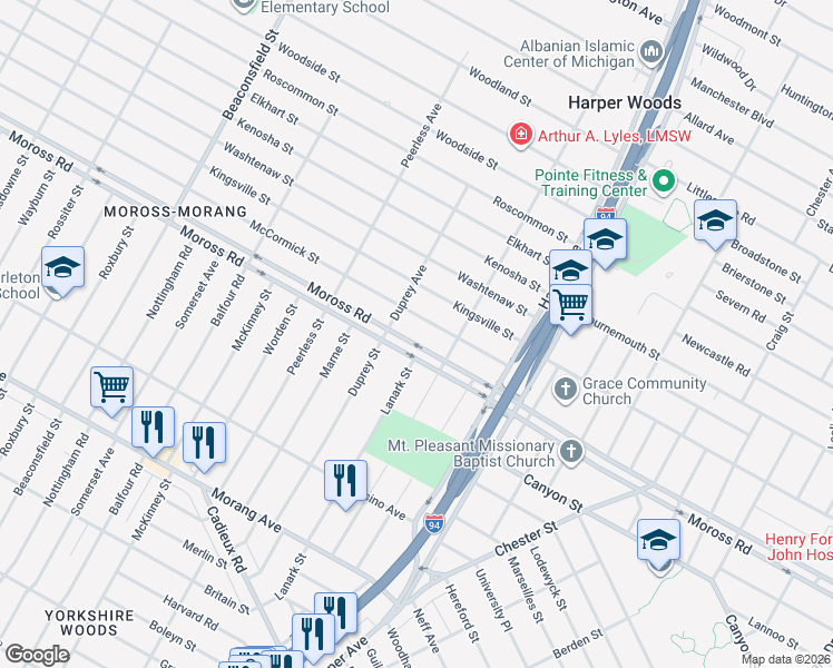 map of restaurants, bars, coffee shops, grocery stores, and more near 20467 Moross Road in Detroit
