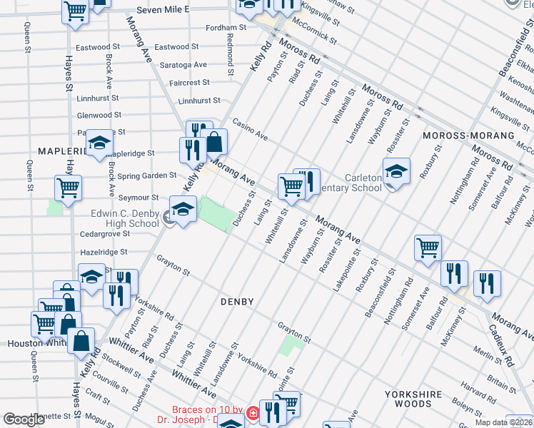 map of restaurants, bars, coffee shops, grocery stores, and more near 11981 Whitehill Street in Detroit