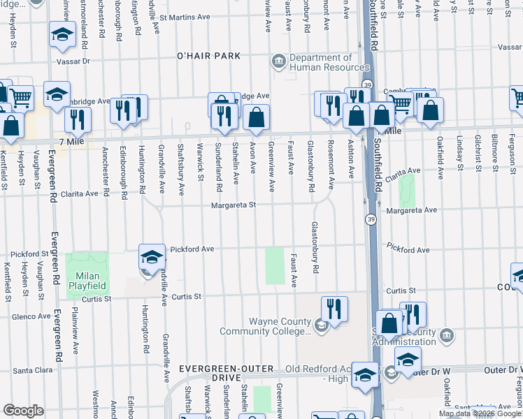 map of restaurants, bars, coffee shops, grocery stores, and more near 18474 Avon Avenue in Detroit