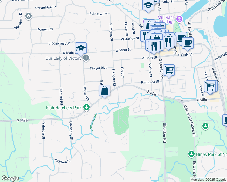 map of restaurants, bars, coffee shops, grocery stores, and more near 525 Fairbrook Street in Northville