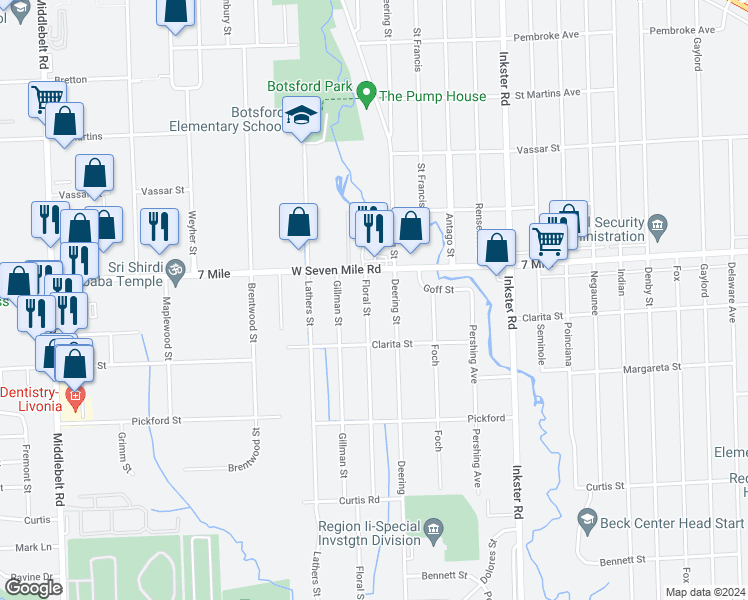map of restaurants, bars, coffee shops, grocery stores, and more near 18968 Floral Street in Livonia