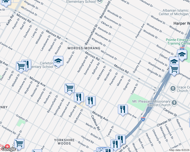 map of restaurants, bars, coffee shops, grocery stores, and more near 11442 Balfour Road in Detroit