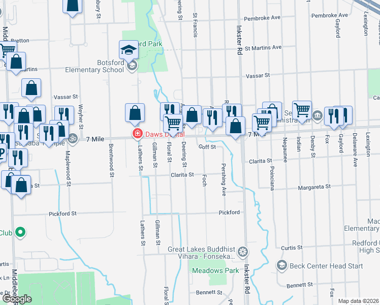 map of restaurants, bars, coffee shops, grocery stores, and more near 18930 Deering Street in Livonia