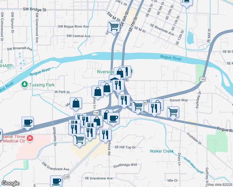 map of restaurants, bars, coffee shops, grocery stores, and more near 239 Redwood Highway in Grants Pass