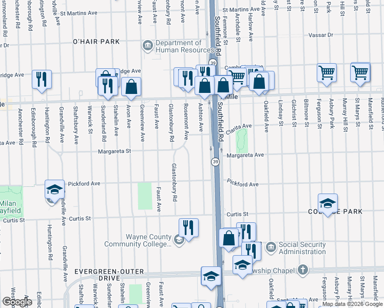 map of restaurants, bars, coffee shops, grocery stores, and more near 18514 Rosemont Avenue in Detroit