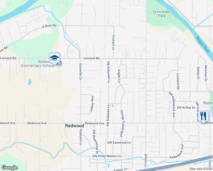 map of restaurants, bars, coffee shops, grocery stores, and more near 1294 Southwest Kokanee Lane in Grants Pass