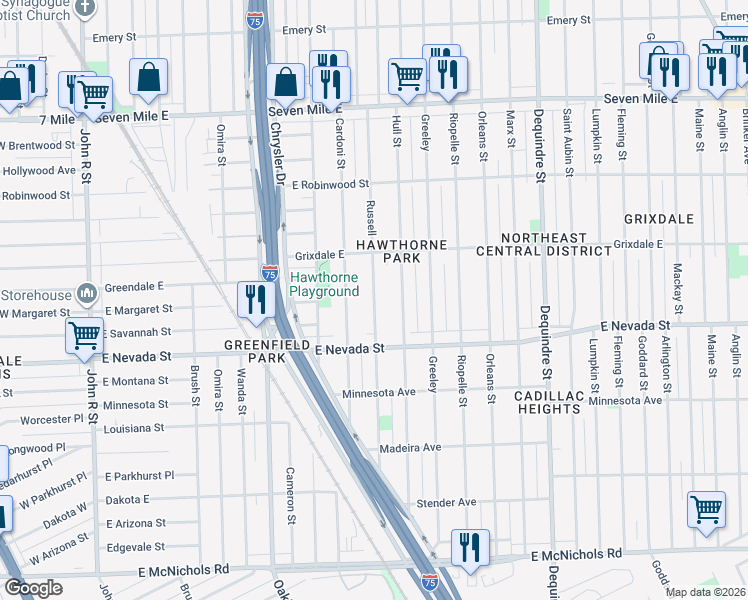 map of restaurants, bars, coffee shops, grocery stores, and more near 18066 Russell in Highland Park