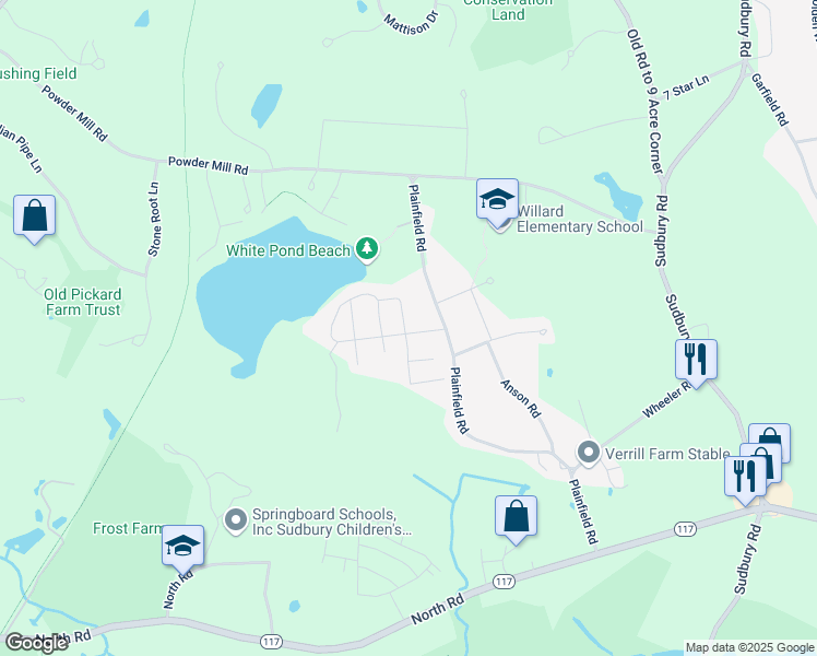 map of restaurants, bars, coffee shops, grocery stores, and more near 40 Dover Street in Concord