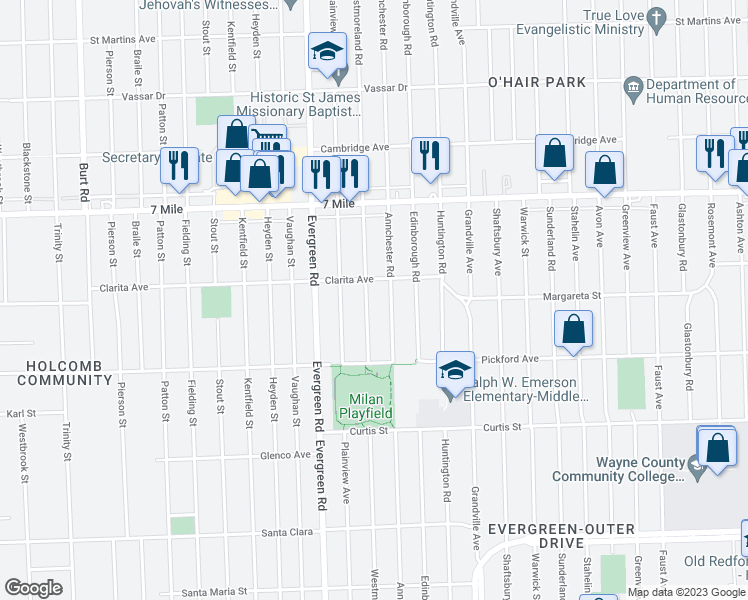 map of restaurants, bars, coffee shops, grocery stores, and more near 18536 Westmoreland Road in Detroit
