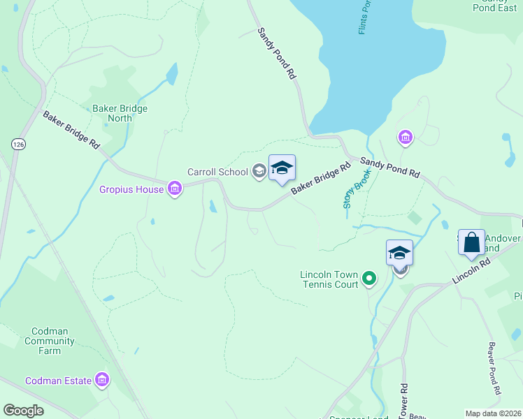 map of restaurants, bars, coffee shops, grocery stores, and more near 36 Baker Bridge Road in Lincoln