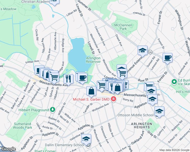 map of restaurants, bars, coffee shops, grocery stores, and more near 3 Colonial Village Drive in Arlington