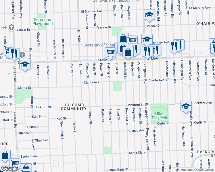 map of restaurants, bars, coffee shops, grocery stores, and more near 18557 Fielding Street in Detroit