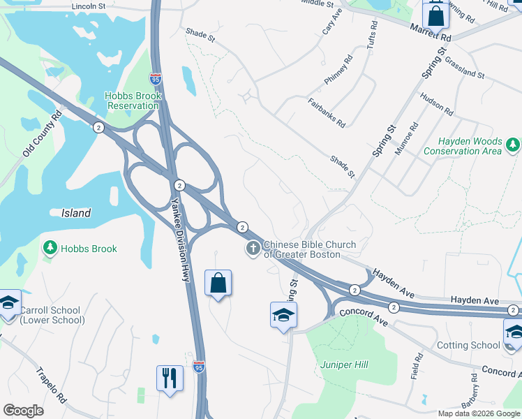 map of restaurants, bars, coffee shops, grocery stores, and more near Patriot Way in Lexington