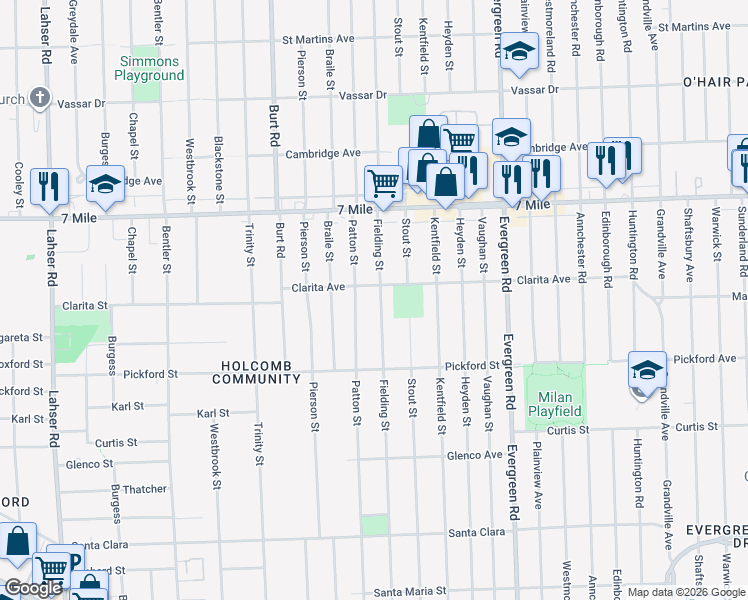 map of restaurants, bars, coffee shops, grocery stores, and more near 18557 Fielding Street in Detroit
