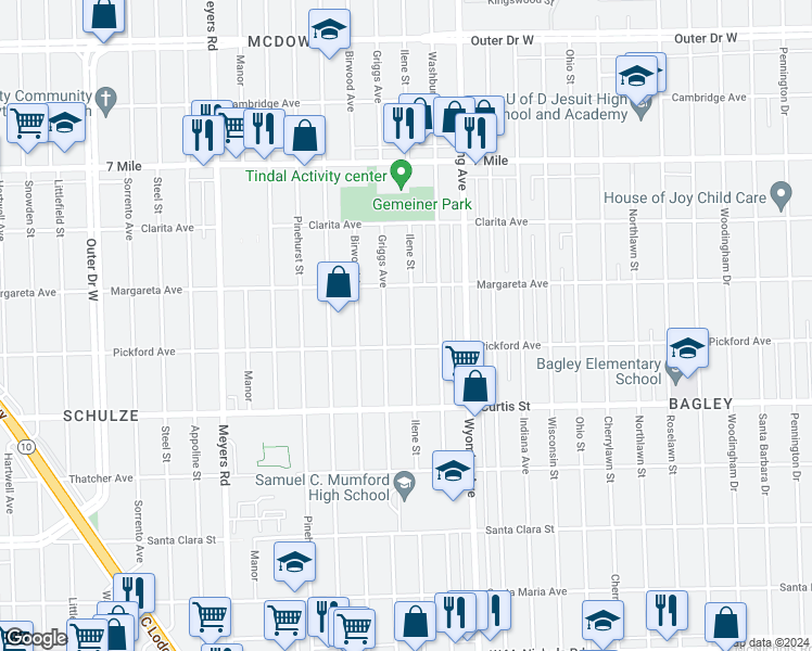 map of restaurants, bars, coffee shops, grocery stores, and more near 18441 Ilene Street in Detroit