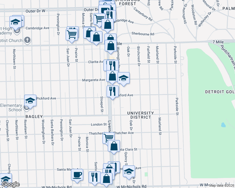 map of restaurants, bars, coffee shops, grocery stores, and more near 18310 Livernois in Detroit
