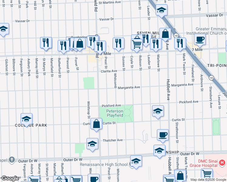 map of restaurants, bars, coffee shops, grocery stores, and more near 18465 Whitcomb in Detroit