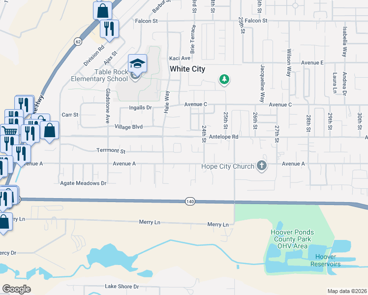 map of restaurants, bars, coffee shops, grocery stores, and more near 2830 Terrmont Loop in White City