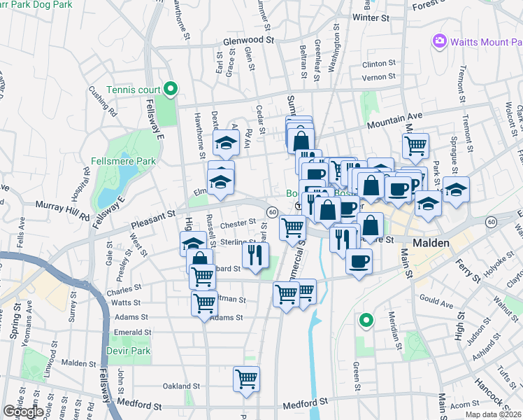 map of restaurants, bars, coffee shops, grocery stores, and more near 32 Pearl Street in Malden