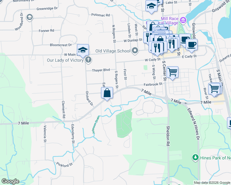 map of restaurants, bars, coffee shops, grocery stores, and more near 525 Fairbrook Street in Northville