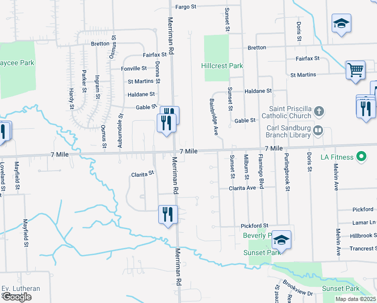 map of restaurants, bars, coffee shops, grocery stores, and more near 31221 West Seven Mile Road in Livonia