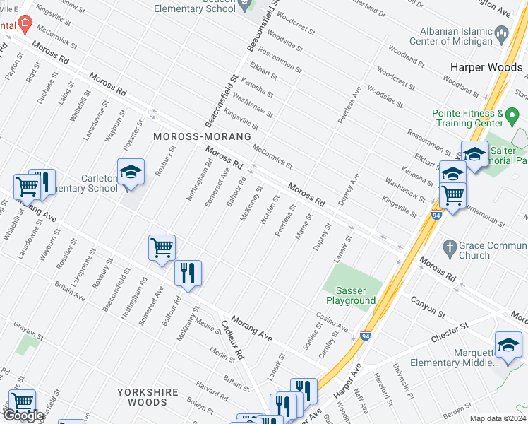 map of restaurants, bars, coffee shops, grocery stores, and more near 11101 Worden Street in Detroit