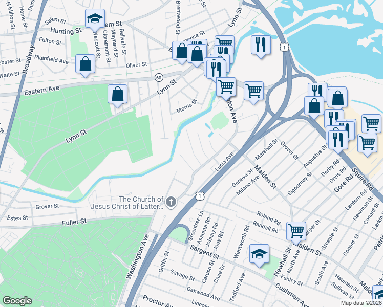 map of restaurants, bars, coffee shops, grocery stores, and more near 34 Goldie Street in Revere