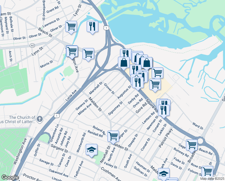 map of restaurants, bars, coffee shops, grocery stores, and more near 54 Keayne Street in Revere