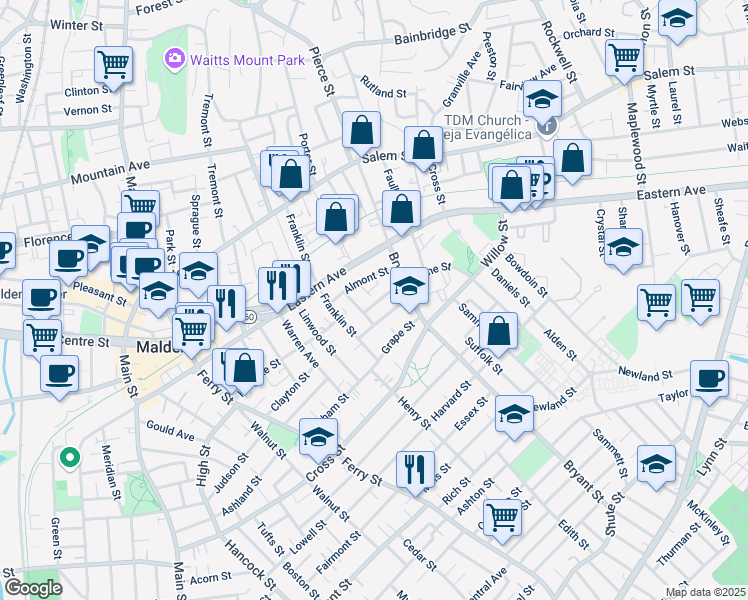 map of restaurants, bars, coffee shops, grocery stores, and more near 29 Newton Street in Malden