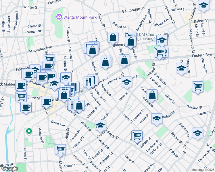 map of restaurants, bars, coffee shops, grocery stores, and more near 122 Franklin Street in Malden