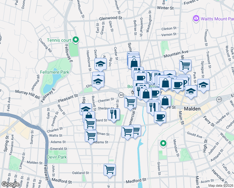 map of restaurants, bars, coffee shops, grocery stores, and more near 32 Pearl Street in Malden
