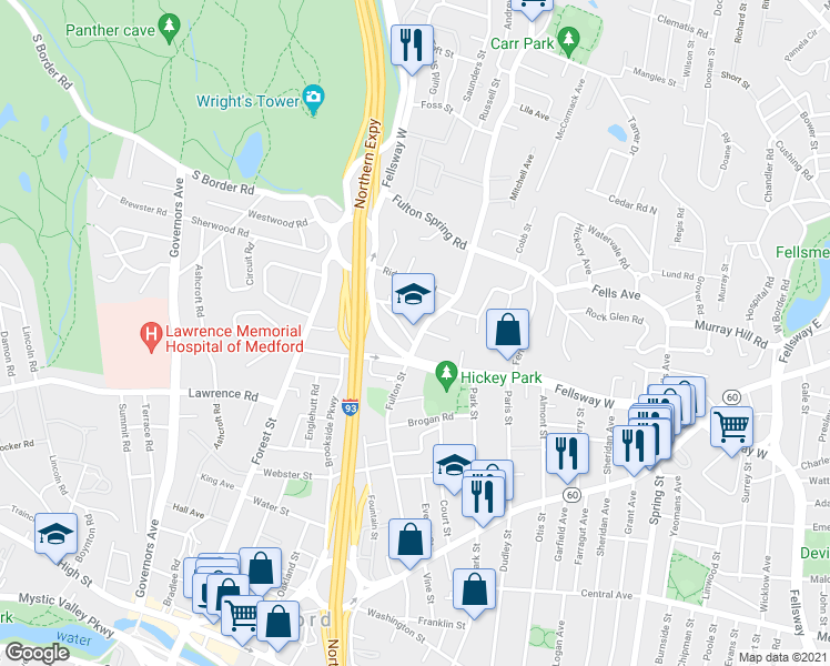 map of restaurants, bars, coffee shops, grocery stores, and more near in Medford
