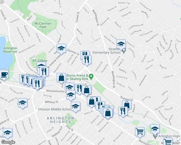 map of restaurants, bars, coffee shops, grocery stores, and more near 422 Summer Street in Arlington