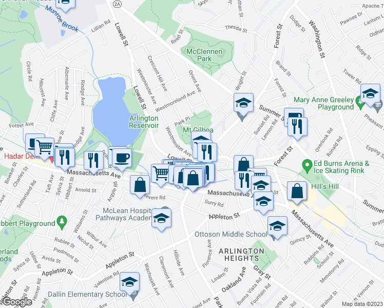 map of restaurants, bars, coffee shops, grocery stores, and more near 3 Park Avenue in Arlington