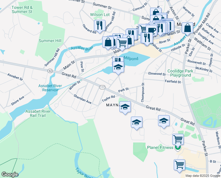 map of restaurants, bars, coffee shops, grocery stores, and more near 125 Great Road in Maynard