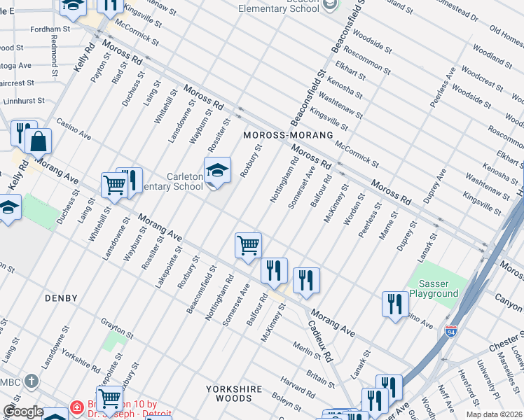 map of restaurants, bars, coffee shops, grocery stores, and more near 11542 Nottingham Road in Detroit