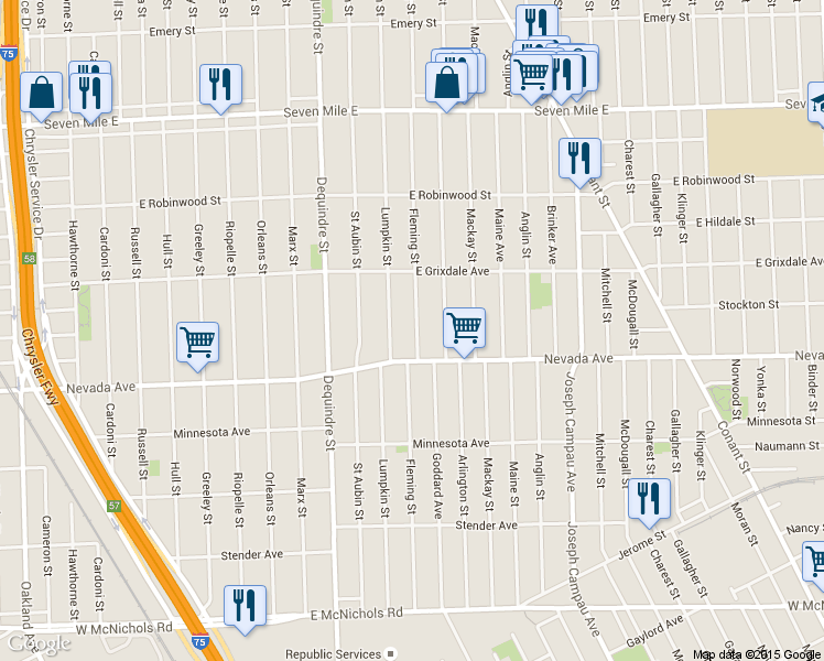 map of restaurants, bars, coffee shops, grocery stores, and more near 18000 Fleming Street in Detroit