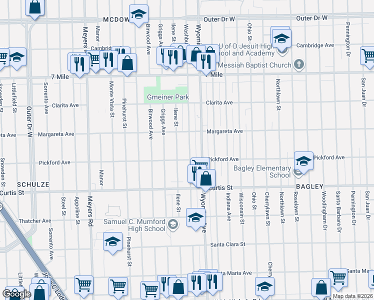map of restaurants, bars, coffee shops, grocery stores, and more near 18404 Washburn Street in Detroit