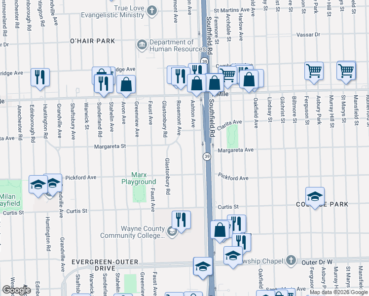 map of restaurants, bars, coffee shops, grocery stores, and more near 18473 Rosemont Avenue in Detroit