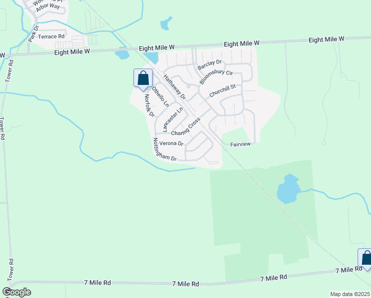 map of restaurants, bars, coffee shops, grocery stores, and more near Buckingham Drive in Northville