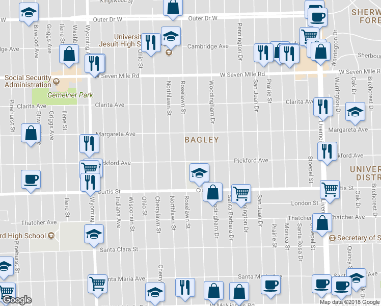 map of restaurants, bars, coffee shops, grocery stores, and more near 18434 Roselawn Street in Detroit