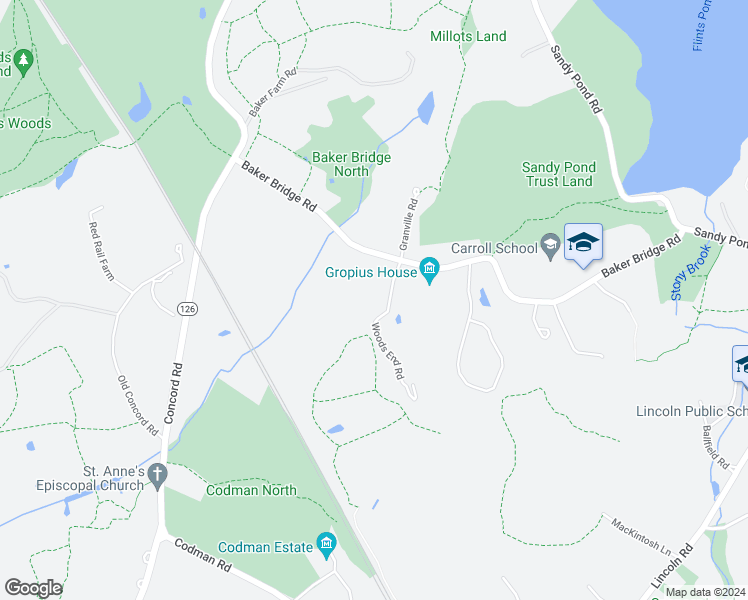 map of restaurants, bars, coffee shops, grocery stores, and more near 9 Woods End Road in Lincoln