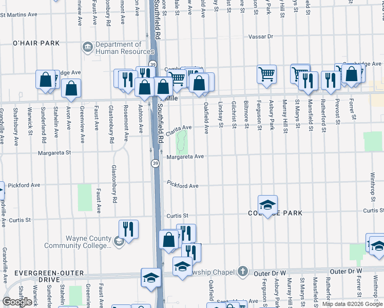 map of restaurants, bars, coffee shops, grocery stores, and more near 18492 Harlow Avenue in Detroit