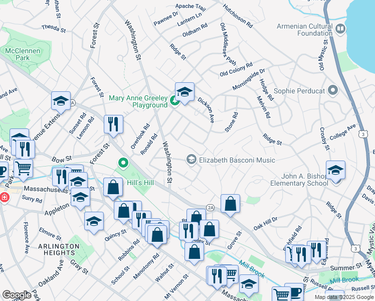 map of restaurants, bars, coffee shops, grocery stores, and more near 54 Crawford Street in Arlington