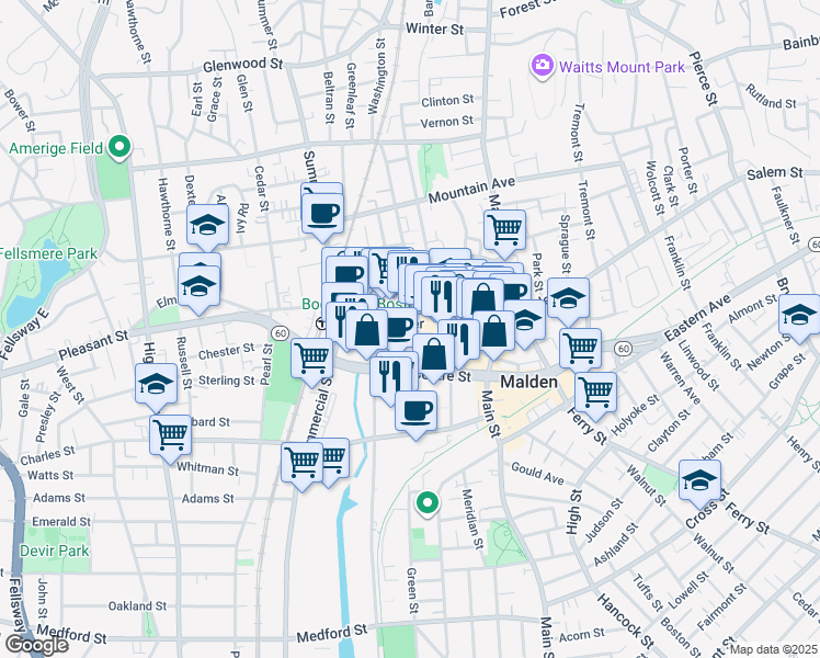 map of restaurants, bars, coffee shops, grocery stores, and more near 180 Exchange Street in Malden